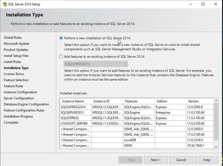 Select installation type of Database Server