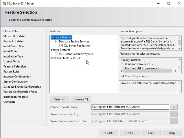 Select database engine and management studio