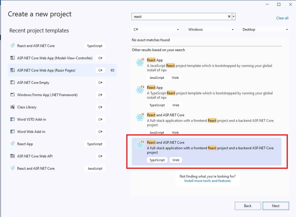 Start react application with visual studio