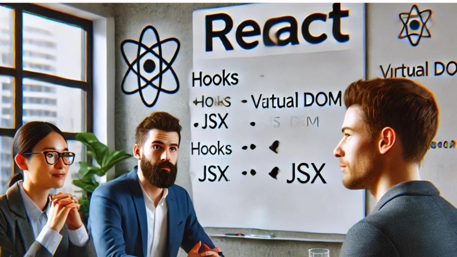 A team to discuss reaction concepts like hooks, JSX and virtual dome in a professional meeting room with whiteboard presentation.