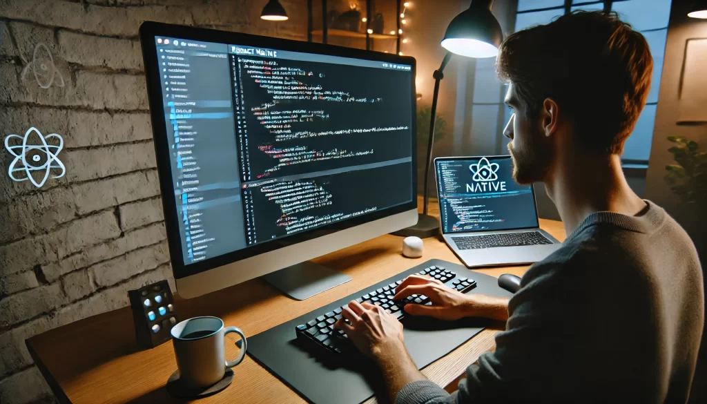 A developer coding in React Native on a large monitor, with a dark-themed code editor displaying React Native components, state management, and useEffect hooks. The workspace includes a mechanical keyboard, coffee mug, and LED lighting in a modern setup.