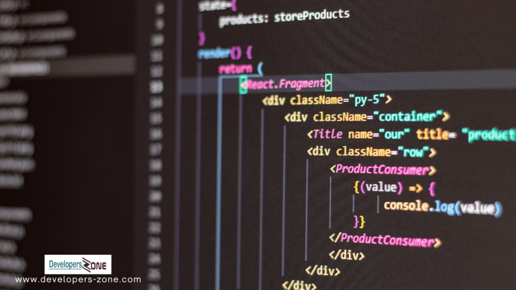 A close-up image of a React Native code snippet on a computer screen, highlighting component structure and data consumption with React. Fragment and Product Consumer.